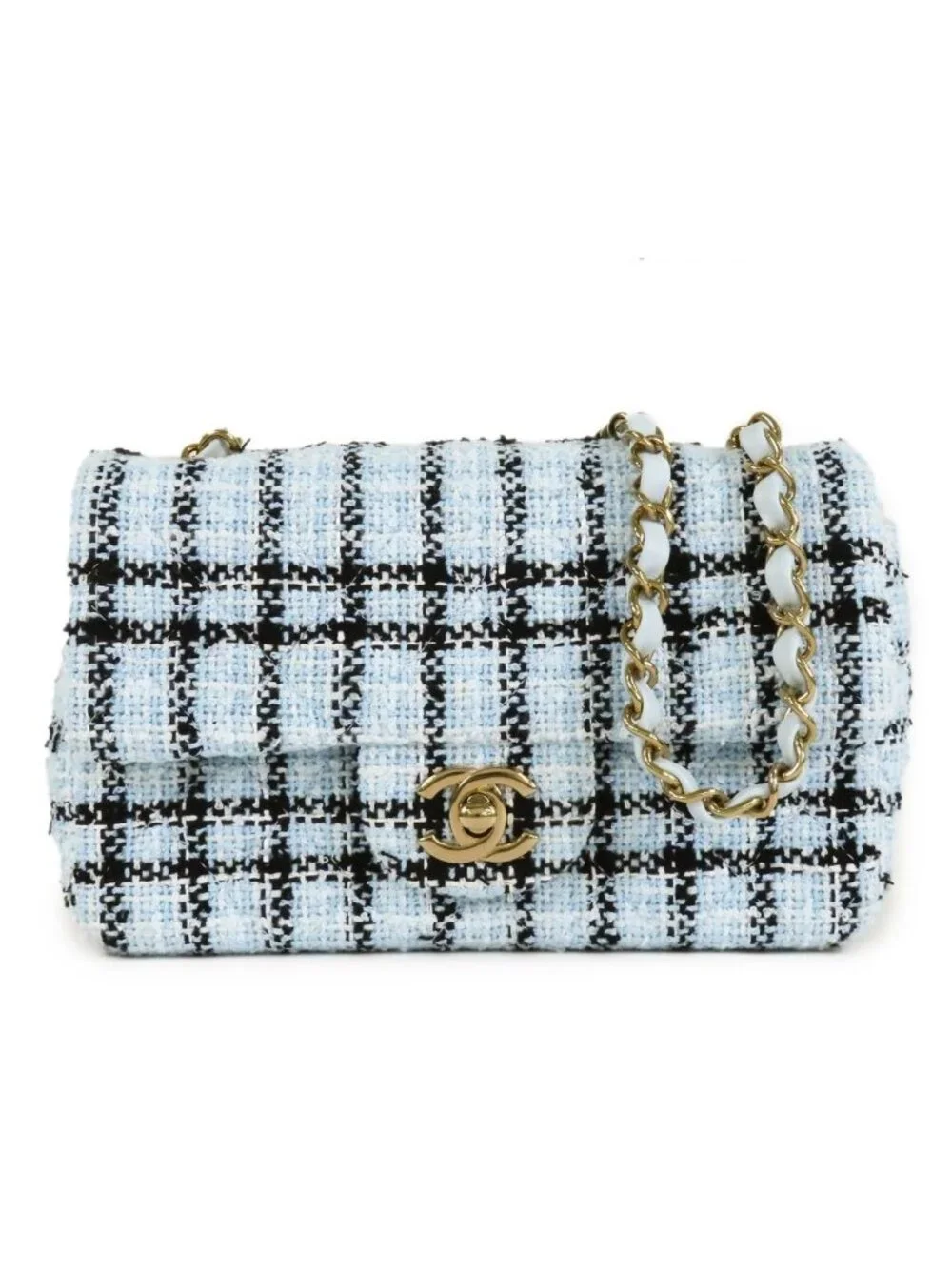 Chanel Mini Quilted Blue Black Gold Tweed Leather Chain Shoulder Bag 20